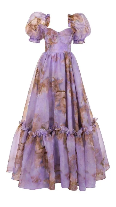 Unbeatable Prices denim dressPurple Printed Backless Puff Sleeves Prom Dress Fairy Dress Y2676