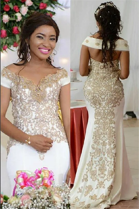 Super Sale Off the shoulder Golden Lace appliques Backless Wedding Dress