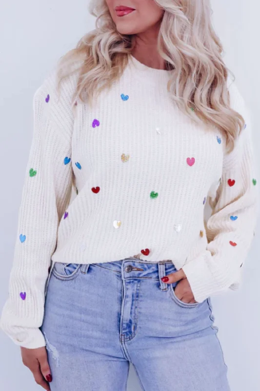 Instant Discount activewear hoodieHeart Sequin Round Neck Long Sleeve Sweater