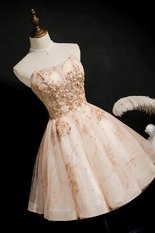 Limited Availability one-shoulder dressChampagne Strapless Sparkly Appliques Tulle Homecoming Dress