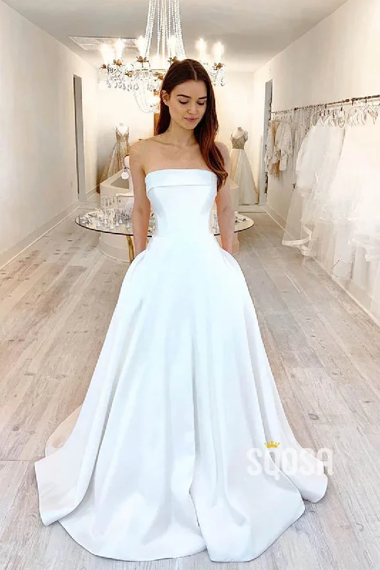Blowout Deals elegant shift dressA-line Strapless Ivory Satin Rustic Wedding Dress with Pockets QW2331