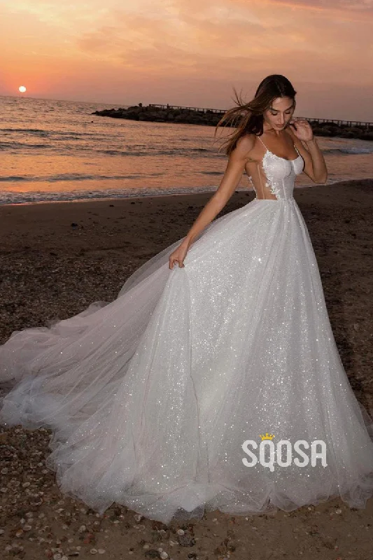 Blowout Sale elegant shift dressSpaghetti Straps Scoop Tulle Appliques A-line Wedding Dress QW2685