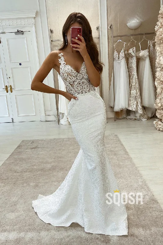 Savings Galore party dressPlunging V-neck Exquisite Lace Wedding Dress Mermaid Gown QW2596
