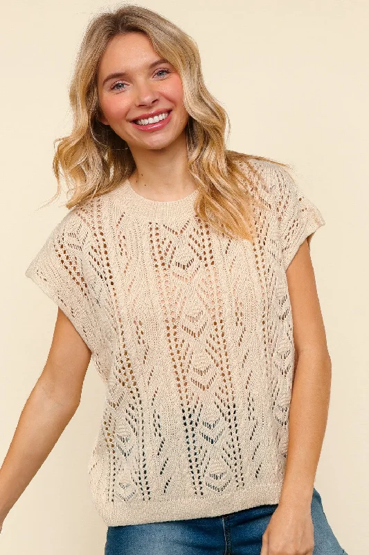 Time-Limited Offer contemporary coatOATMEAL DOLMAN SHORT SLEEVE CROCHET SWEATER KNIT