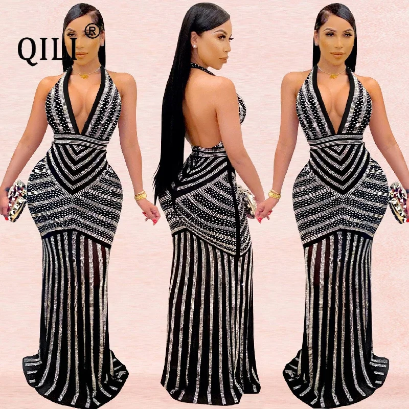 Final Sale modern outerwearQILI Sexy Deep V Neck Halter Backless Dress Elegant Diamonds Maxi Long Dress Empire Waist Sexy Party Dresses for Womens Final Sale modern outerwearQILI Sexy Deep V Neck Halter Backless Dress Elegant Diamonds Maxi Long Dress Empire Waist Sexy Party Dresses for Womens