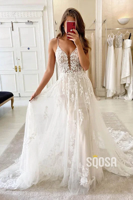 Special Savings cocktail party dressA-line Spaghetti Straps Exquisite Lace Bohemian Wedding Dress Bridal Gown QW2276