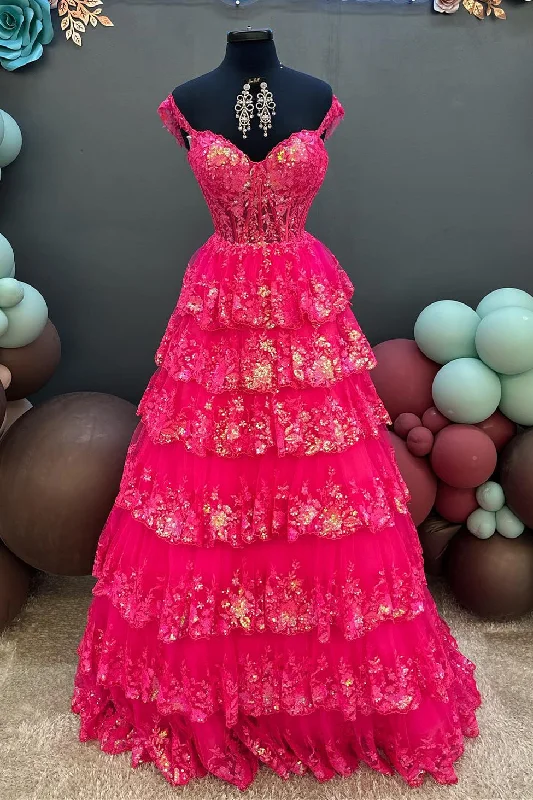 Savings Event denim dressFuchsia Sequined Off-Shoulder A-line Layers Long Prom Dress Savings Event denim dressFuchsia Sequined Off-Shoulder A-line Layers Long Prom Dress