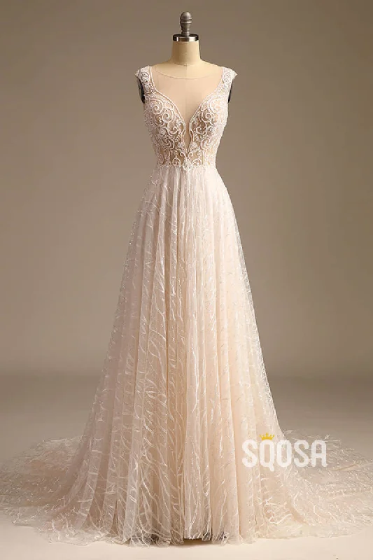 Price Blitz casual day dressIllusion Neckline Exquisite Champagne Lace Beaded A-line Wedding Dress QW2500