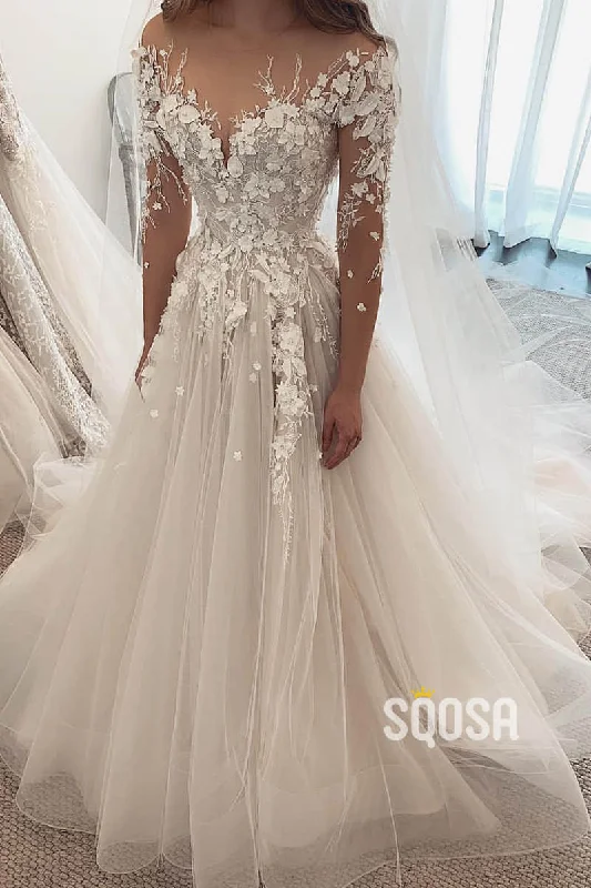 Hurry In trendy mini dressIvory 3D Lace Sexy Illusion Neckline Long Sleeves Rustic Wedding Dress QW2488
