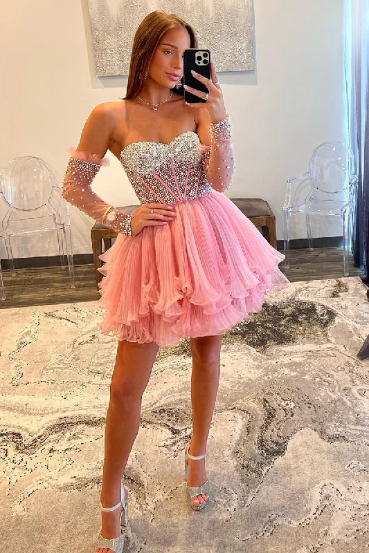 Now or Never elegant maxi dressA Line Sweetheart Beads Pink Long Sleeves Cute Homecoming Dress QH2502