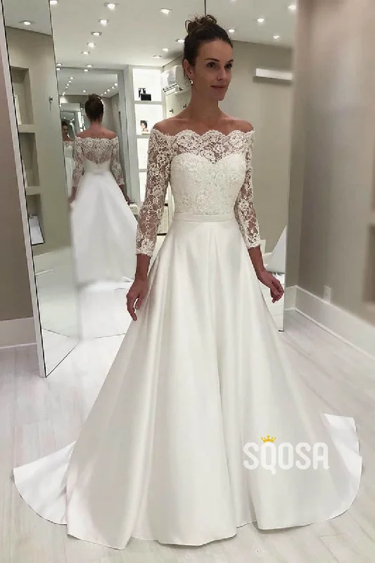 Final Sale mini dressA-line Off-the-Shoulder Lace Long Sleeves Rustic Wedding Dress QW2266
