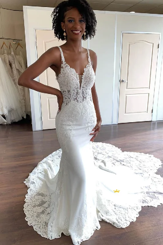 Best Deals stylish party dressMermaid/Trumpet Wedding Dress Chic Lace Appliques Rustic Wedding Gown QW2343