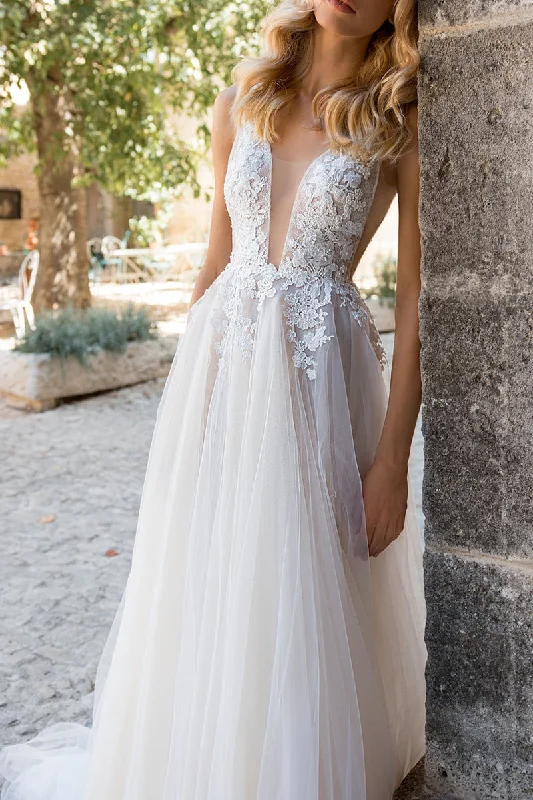 Special Savings sleek dressA Line Illusion Dep V Neck Lace Appliques Boho Wedding Dress QW2308