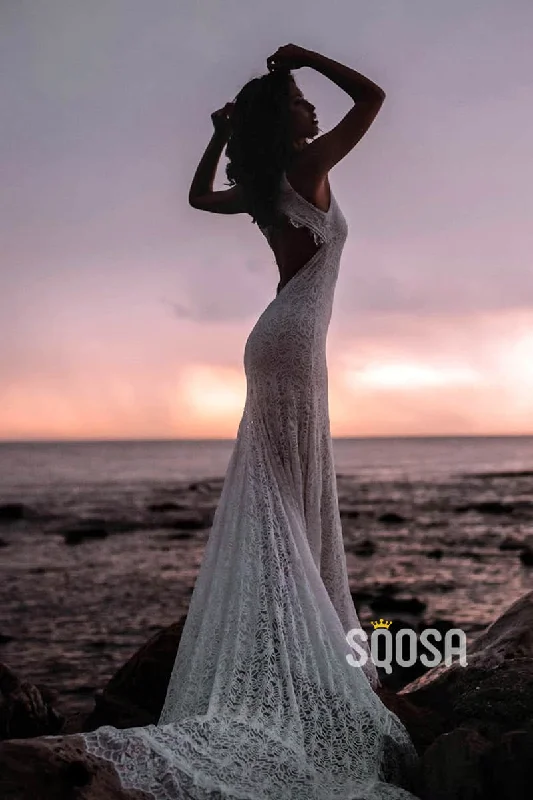 Mega Deal oversized dressUnique Bateau High Split Exquisite Lace Bohemian Wedding Dress QW2471