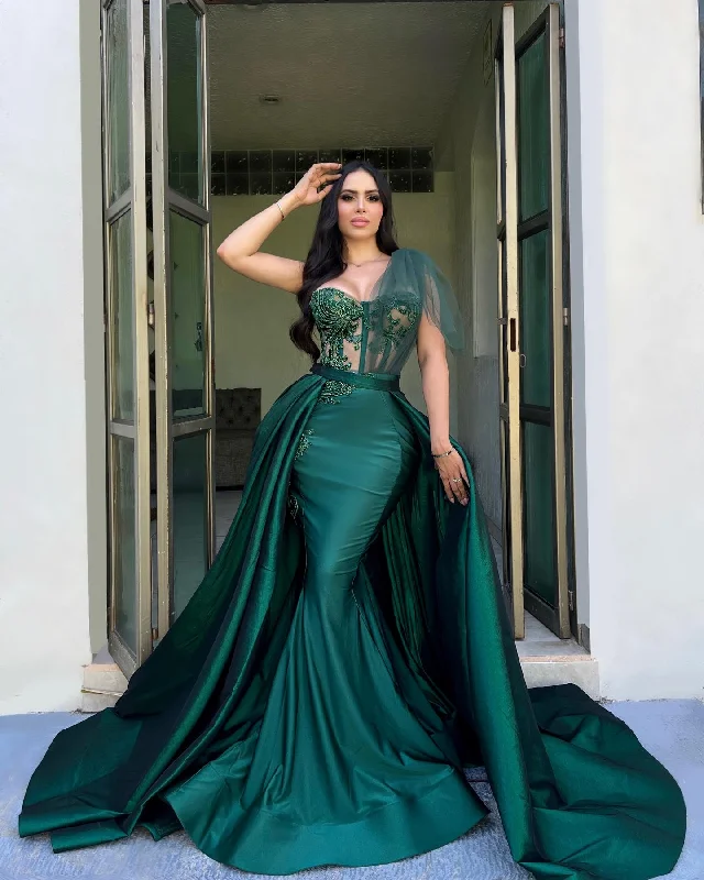 Closeout Sale office dressA-Line One Shoulder Beaded Illusion Green Long Prom Evening Dress QP3138