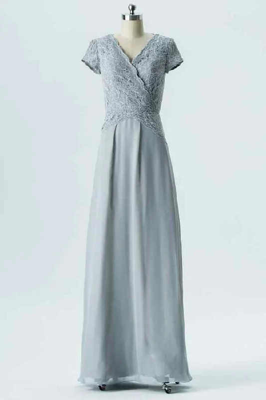 Super Deal casual evening dressDusty Blue A-line Cap Sleeves Chiffon Lace Long Bridesmaid Dress