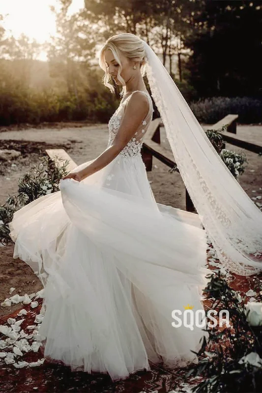 Super Bargain elegant evening dressA-Line Attractive V-neck Appliques White Tulle Rustic Wedding Dress Bridal Gowns QW0857