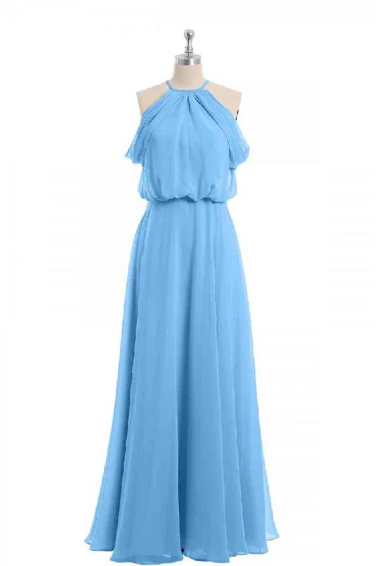 Special Offer chic slip dressBlue A-line Halter Off-Shoulder Chiffon Long Bridesmaid Dress
