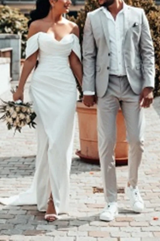 Now or Never draped dressHall Casual Wedding Dress Sweep Train Off the Shoulder Pleats Summer Bridal Gowns QW2396