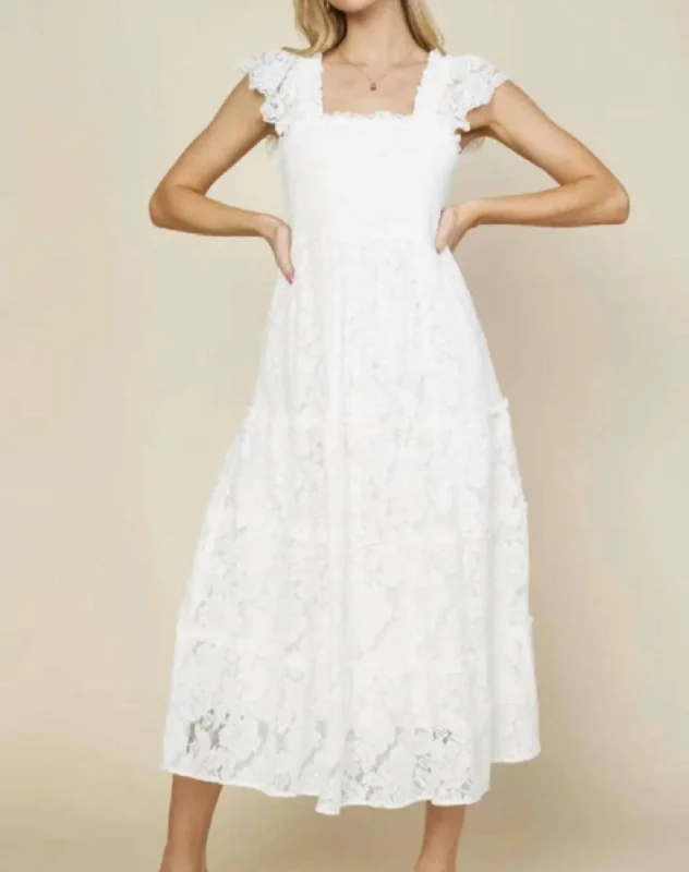 Instant Discount long sleeve dressWoven Lace Scallop Edge Midi Dress In White