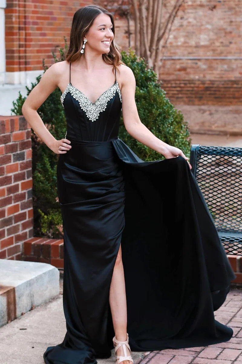 Online Specials form-fitting dressV-Neck Spaghetti Straps Satin Fitted Beaded With Train Prom Dress