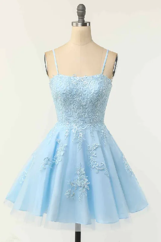 While Supplies Last chic wrap dressLight Blue A-line Spaghetti Straps Lace-Up Back Applique Mini Homecoming Dress Y2673